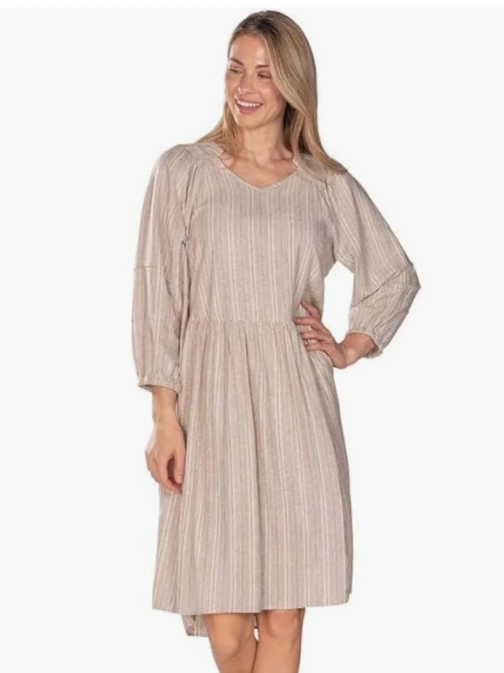 Linda Anderson Beige Metallic Stripe V-Neck Puff Sleeve Mini Dress Linen Blend L